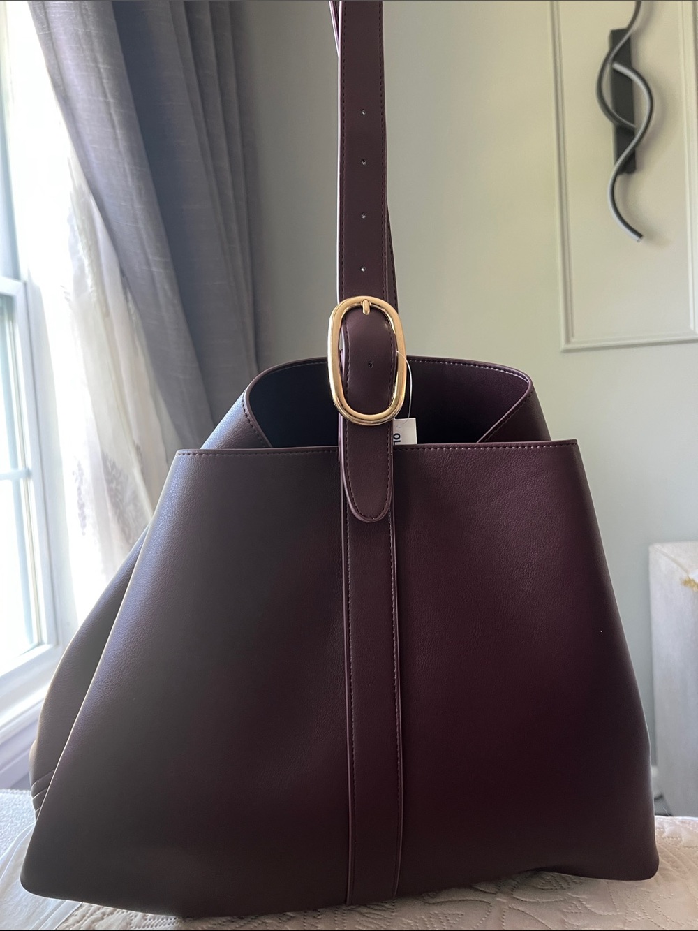 a new day Deep Burgundy Structured Tote with Gold Buckle